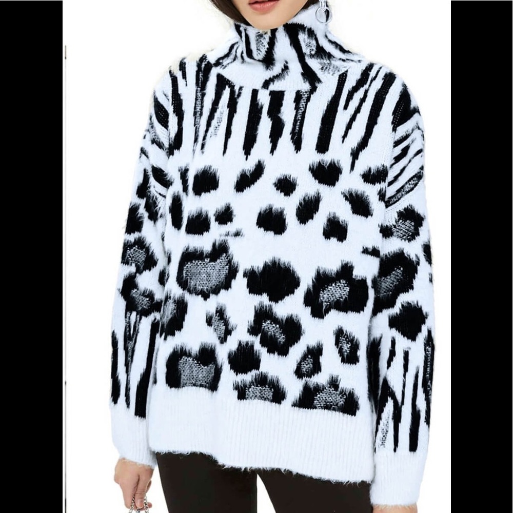Turtleneck leopard Print Thick & Warm Rib Knit Cuffs Soft Sweater